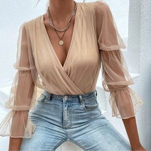 Luxe Sheer Ruffle Sleeve Surplice Bodysuit XS S M L XL XXL